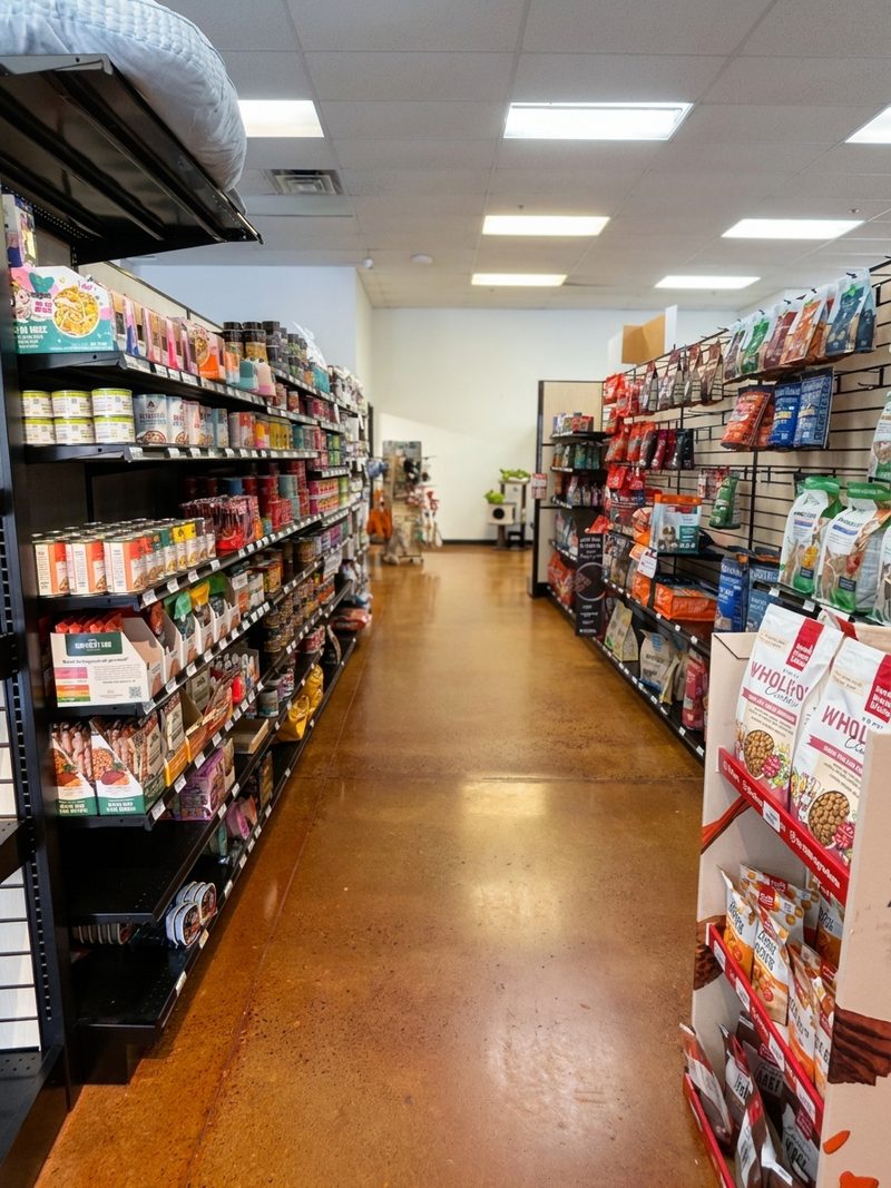 A long, bright aisle of dry and canned food on black shelving