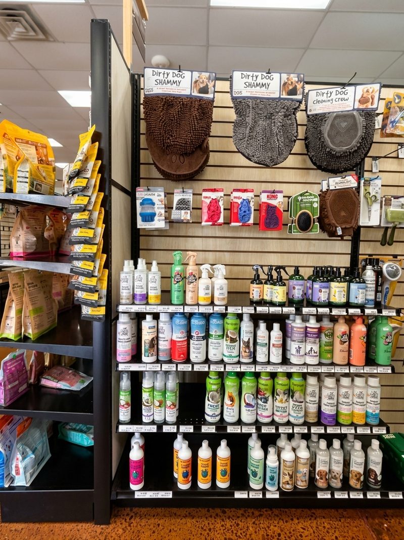 A slatwall of Earthbath, TropiClean and other shampoos and brushes