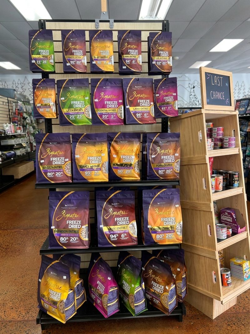 An endcap stacked with Zignature bags